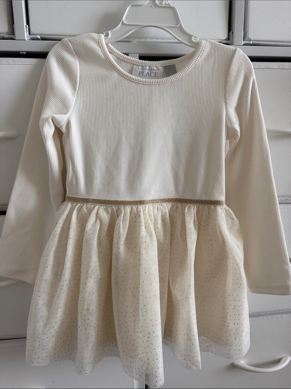 The Children's Place Cream Ribbed Bodice Tulle Dress with Gold Trim